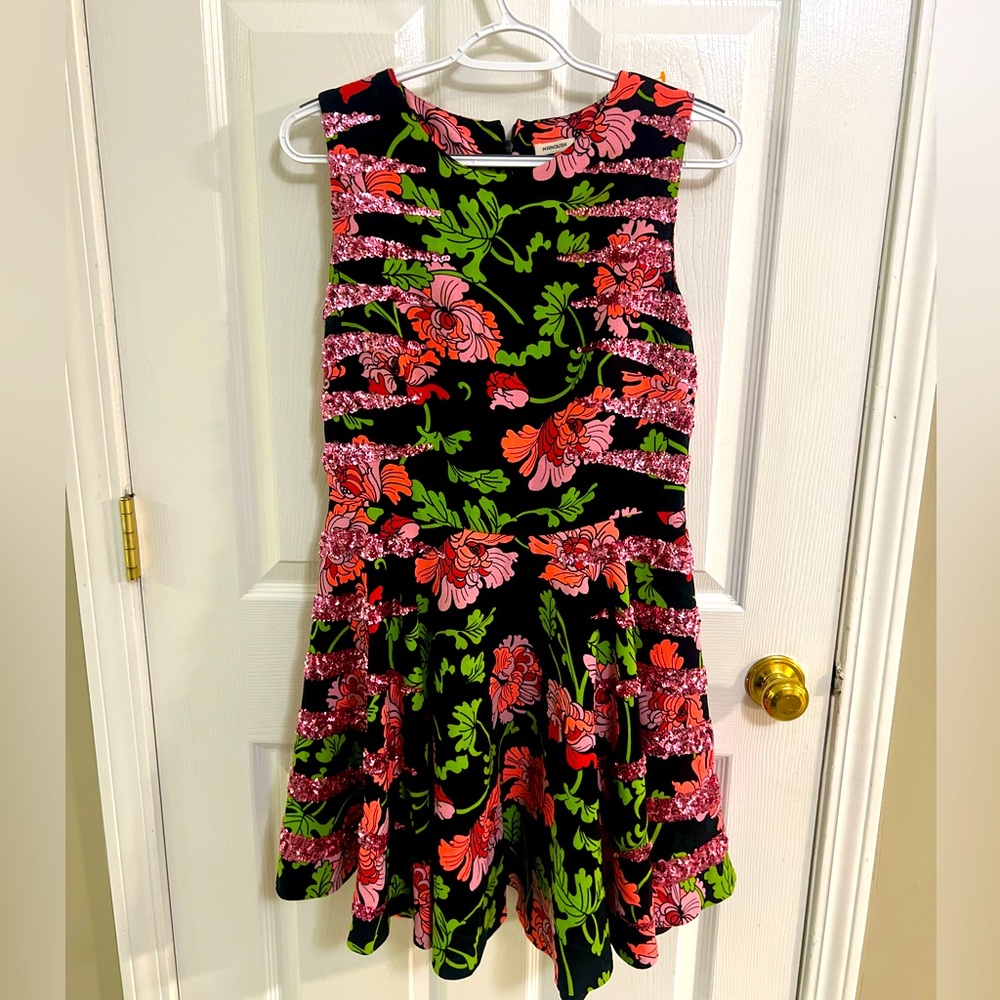 Manoush women’s floral glitter pink mini dress EUC size 8 evening casual